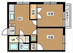 南馬込富士ヶ丘 2階2DKの間取り