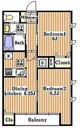 フォレスト松が丘 2DKの間取図画像