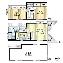 中野区沼袋2丁目戸建 3階2LDKの間取り