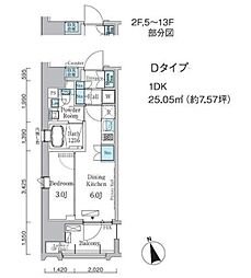 プライマル中央MINATO 13階1DKの間取り
