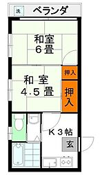 矢ヶ崎ハイツ 2DKの間取図画像