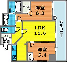 エステムプラザ神戸元町海岸通 2階2LDKの間取り