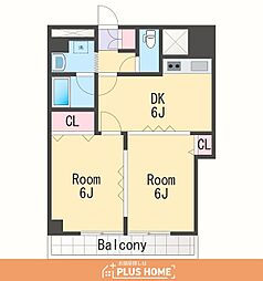 パリシャトー本町長久ビル 2DKの間取図画像