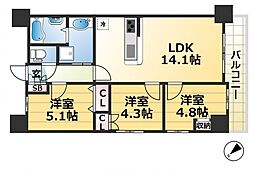 JR東海道・山陽本線 三ノ宮駅 徒歩8分の賃貸マンション 14階3LDKの間取り