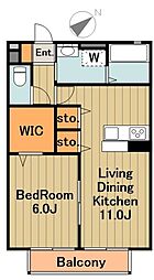 JR横浜線 橋本駅 徒歩16分の賃貸アパート 1階1LDKの間取り