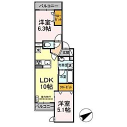 D'Bless宿河原 2LDKの間取図画像