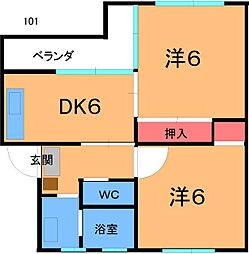 第1川原ビル 1階2DKの間取り