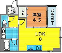 クレール西多聞通 2階1LDKの間取り