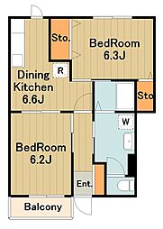 JR横浜線 橋本駅 徒歩15分の賃貸アパート 1階2DKの間取り