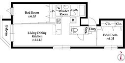 グランパセオ代々木上原II 1階2LDKの間取り