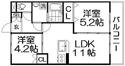メゾンヴィオレ翔開 2LDKの間取図画像