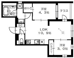 西武新宿線 沼袋駅 徒歩2分の賃貸マンション 4階2LDKの間取り