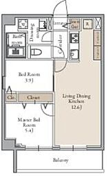 グランカーサ日暮里 8階2LDKの間取り