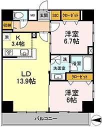 ディールーム早稲田 10階2LDKの間取り