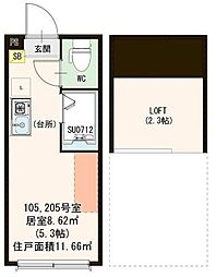 ハーモニーテラス東陽V 2階ワンルームの間取り