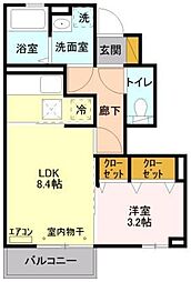 ベルフルール 1階1LDKの間取り