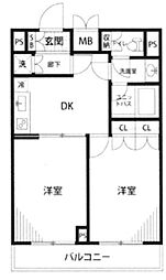 ルーブル上池台弐番館 4階2DKの間取り