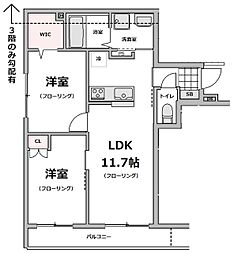 都営新宿線 船堀駅 徒歩10分の賃貸マンション 3階2LDKの間取り