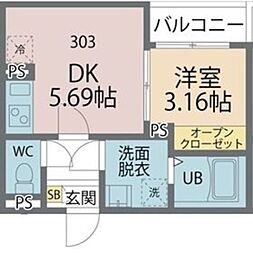 カインドネス矢部中央 1DKの間取図画像