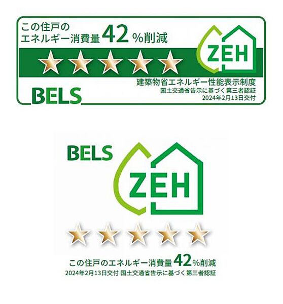 画像12:●BELS（建築物省エネルギー性能表示制度）によるZEH−M評価取得建築物（一次エネルギー消費削減率42％、2024年2月13日交付）です。