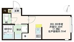 トレフェリクス東十条 3階ワンルームの間取り