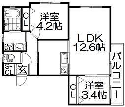 シャンテー東香里 2LDKの間取図画像