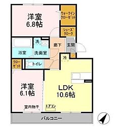 カーザ・ビアンカ 2LDKの間取図画像