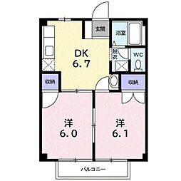 リヒトハイツゆめみ野1 2DKの間取図画像