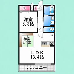 カルム御陵前 1LDKの間取図画像