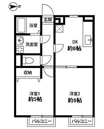 プレジール門前 2DKの間取図画像