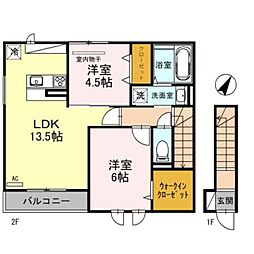 ウエスタンハイツ17 2階2LDKの間取り