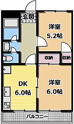 ハウスメモリアル1 2DKの間取図画像