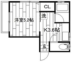 エクセル北町 2階1Kの間取り