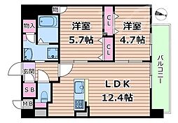 JR片町線(学研都市線) 徳庵駅 徒歩10分の賃貸マンション 2階2LDKの間取り