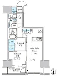 パークアクシス品川天王洲アイル 3階2LDKの間取り