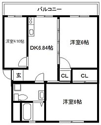 グリーンヒル藤ケ丘A棟 3DKの間取図画像