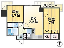 ライオンズマンション三宮磯上公園 4階2DKの間取り