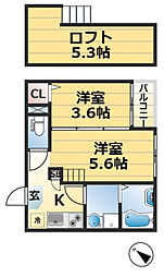 ハーモニーテラス神田町 2階1DKの間取り