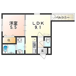 仁徳夕雲町1番館 1LDKの間取図画像