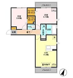 ルシェリア一番館 2LDKの間取図画像