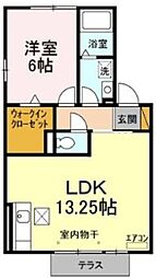 カームヒルズ B 1階1LDKの間取り