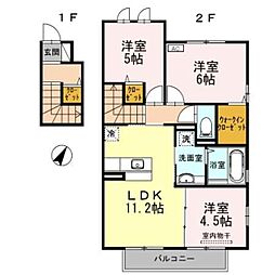 ラ シェル デューB棟 2階3LDKの間取り