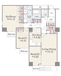 小石川パークタワー 3LDKの間取図画像