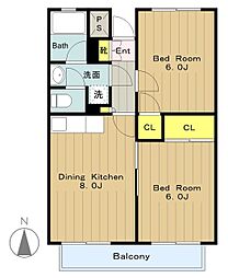 グリーンコーポ金田5号棟 1階2DKの間取り
