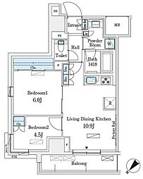 パークアクシス横浜伊勢佐木町通り 2LDKの間取図画像