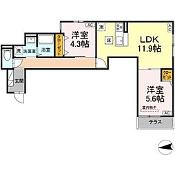 セレスティア六町III 1階2LDKの間取り