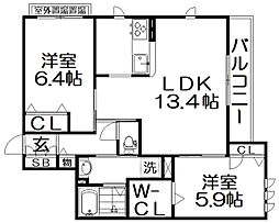 リッシュベレオ東香里 2LDKの間取図画像
