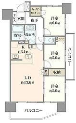 レーベンリヴァーレ町田ルージアタワー 9階3LDKの間取り