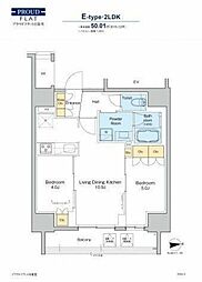 プラウドフラット日暮里 14階2LDKの間取り