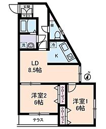 ビューヒル南 2LDKの間取図画像